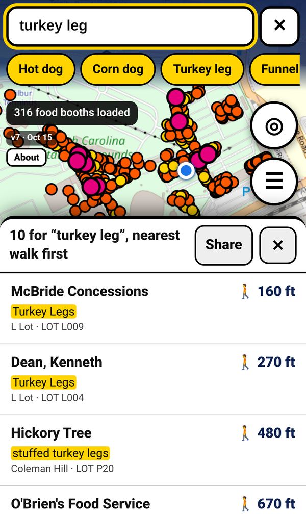 Search results for turkey leg, listing booths with the matching menu item highlighted